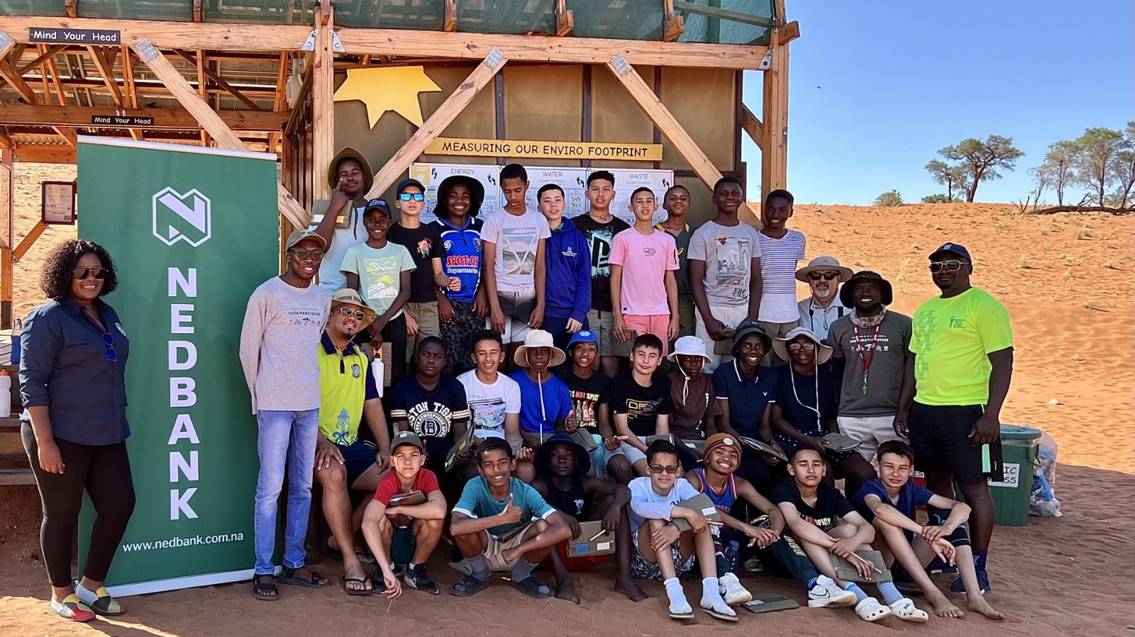 Nedbank Namibia representatives alongside NaDEET Educator Programme participants at the NamibRand Nature Reserve. The initiative, supported by a N$150,000 Go Green Fund grant, trains community educators in practical resource auditing and conservation